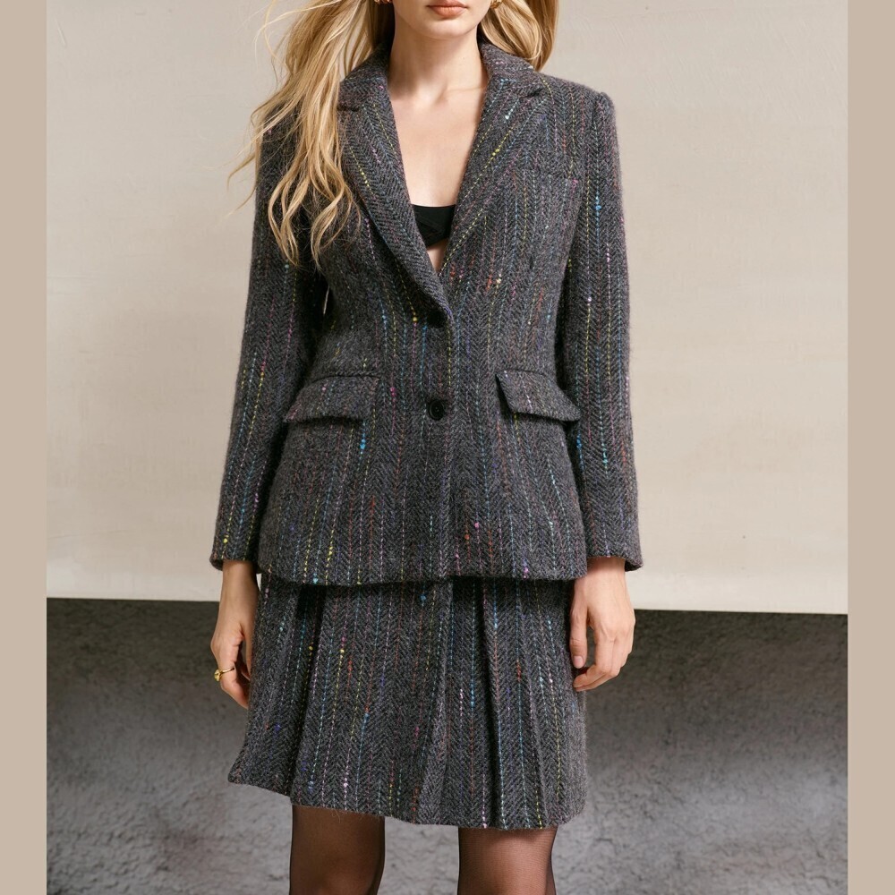 Charcoal Rainbow Fleck Striped Tweed Peak Lapel Blazer